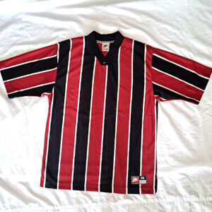 Vintage NIKE Soccer Jersey Men (M) Striped 90s Center Swoosh V-Neck Mesh Shirt